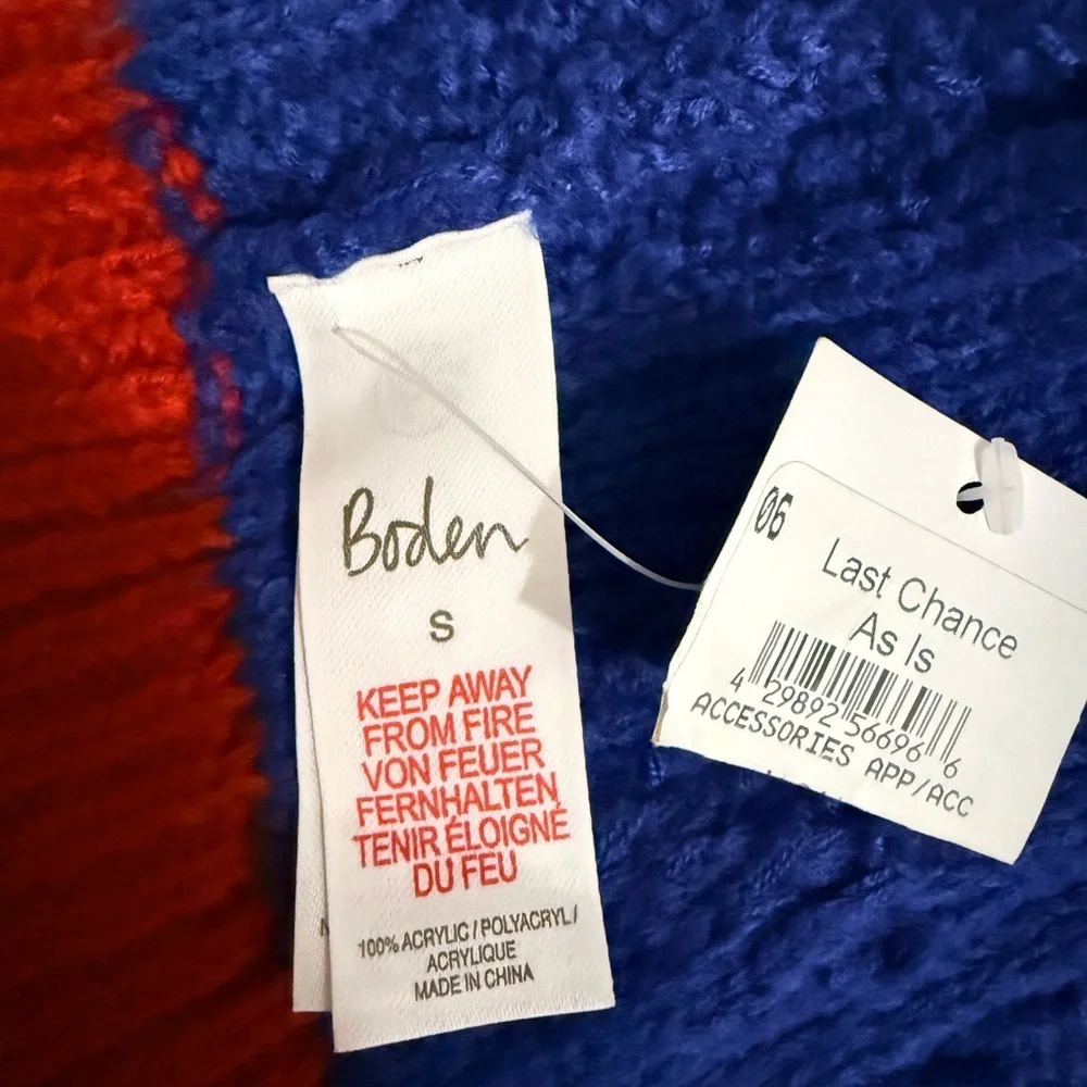 Boden Small Blue Knit Beanie with Red and White Stripes.